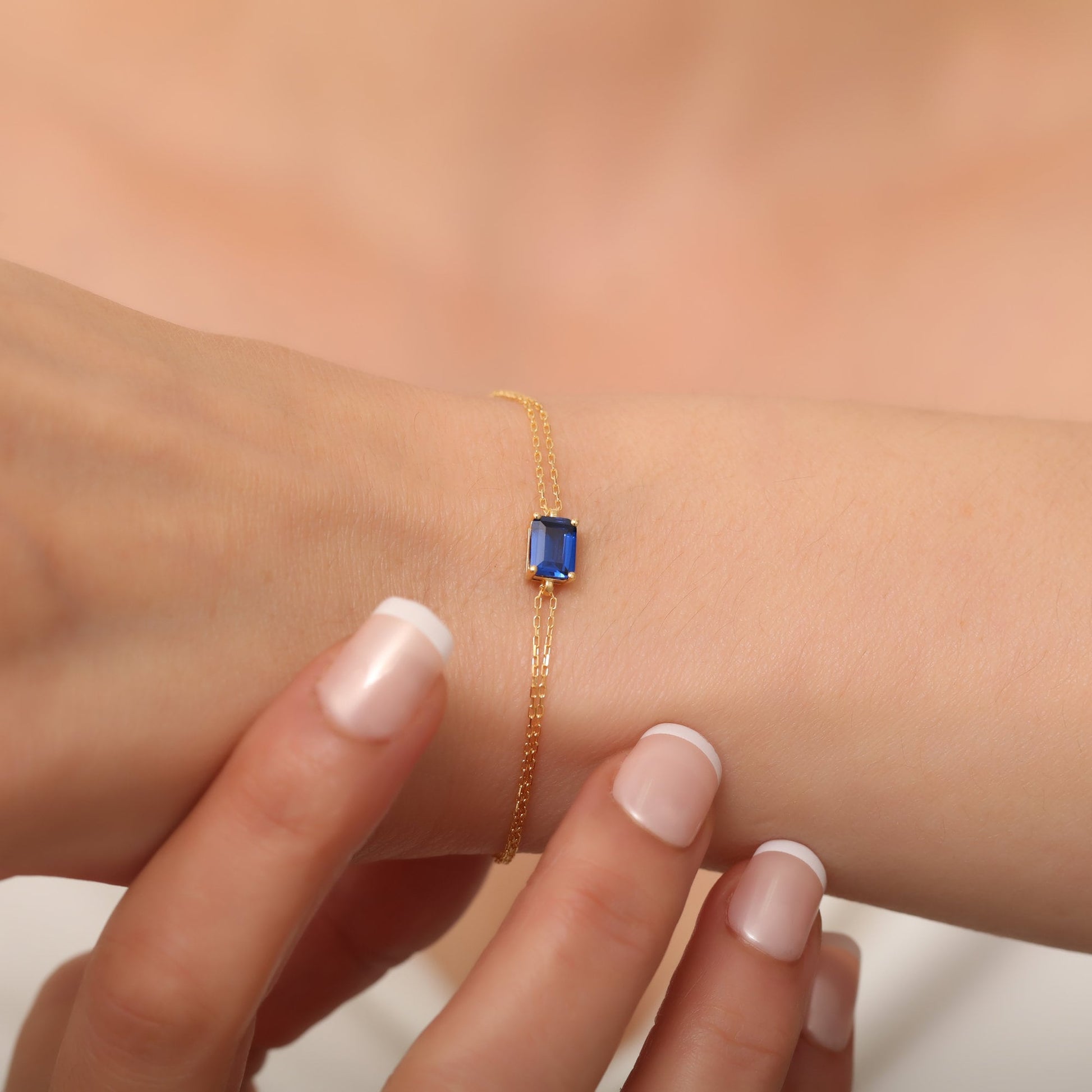 Rectangular Sapphire Bracelet 14K Solid Gold, Dainty Baguette, September Birthstone, Perfect Gift for Mother's Day - Girlfriend - Wife
