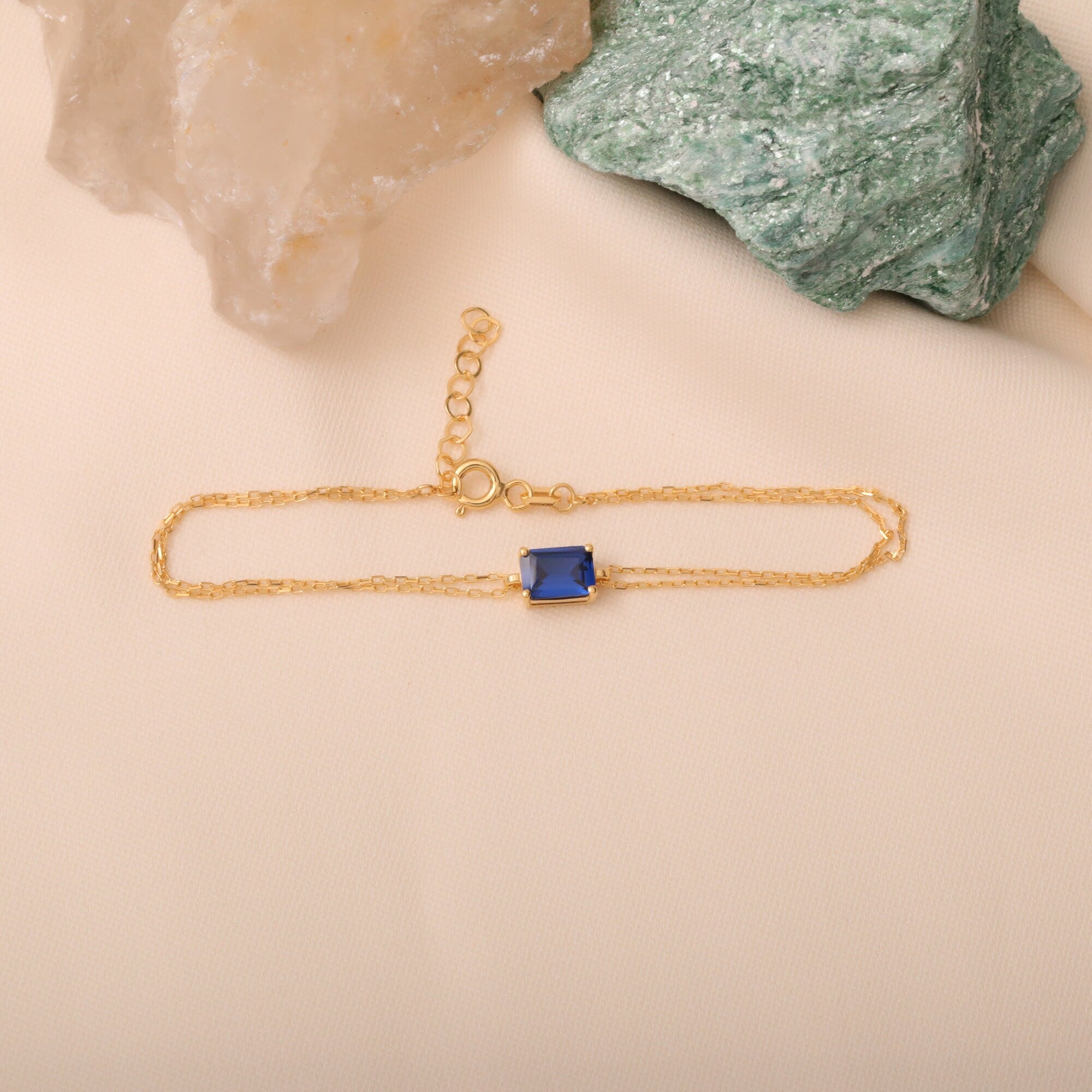 Rectangular Sapphire Bracelet 14K Solid Gold, Dainty Baguette, September Birthstone, Perfect Gift for Mother's Day - Girlfriend - Wife