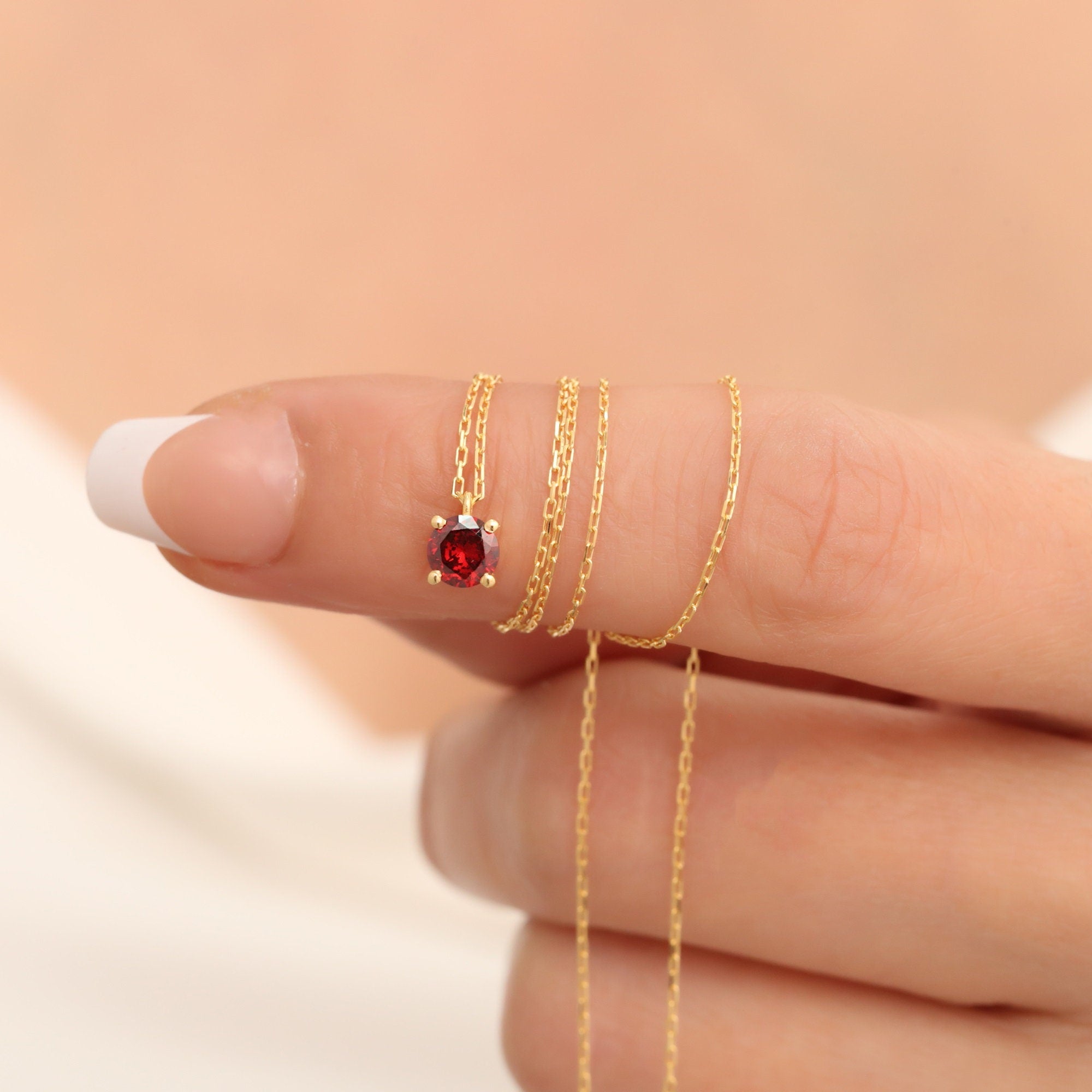 Round Garnet Necklace 14K Solid Gold, Minimalist Birthstone Jewelry, Garnet Stylish Design Necklace, Perfect Gift for Mother's Day - Wife