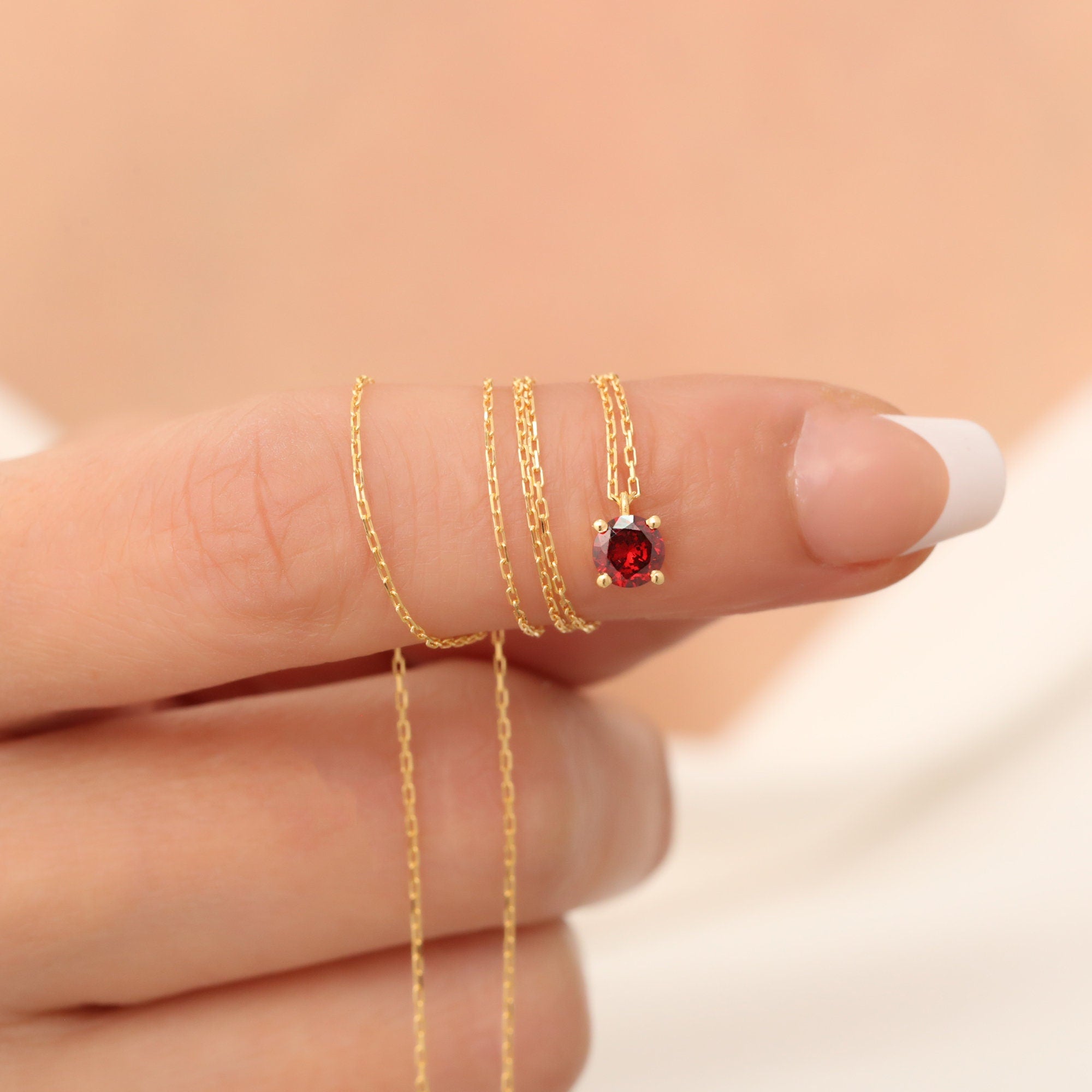 Round Garnet Necklace 14K Solid Gold, Minimalist Birthstone Jewelry, Garnet Stylish Design Necklace, Perfect Gift for Mother's Day - Wife