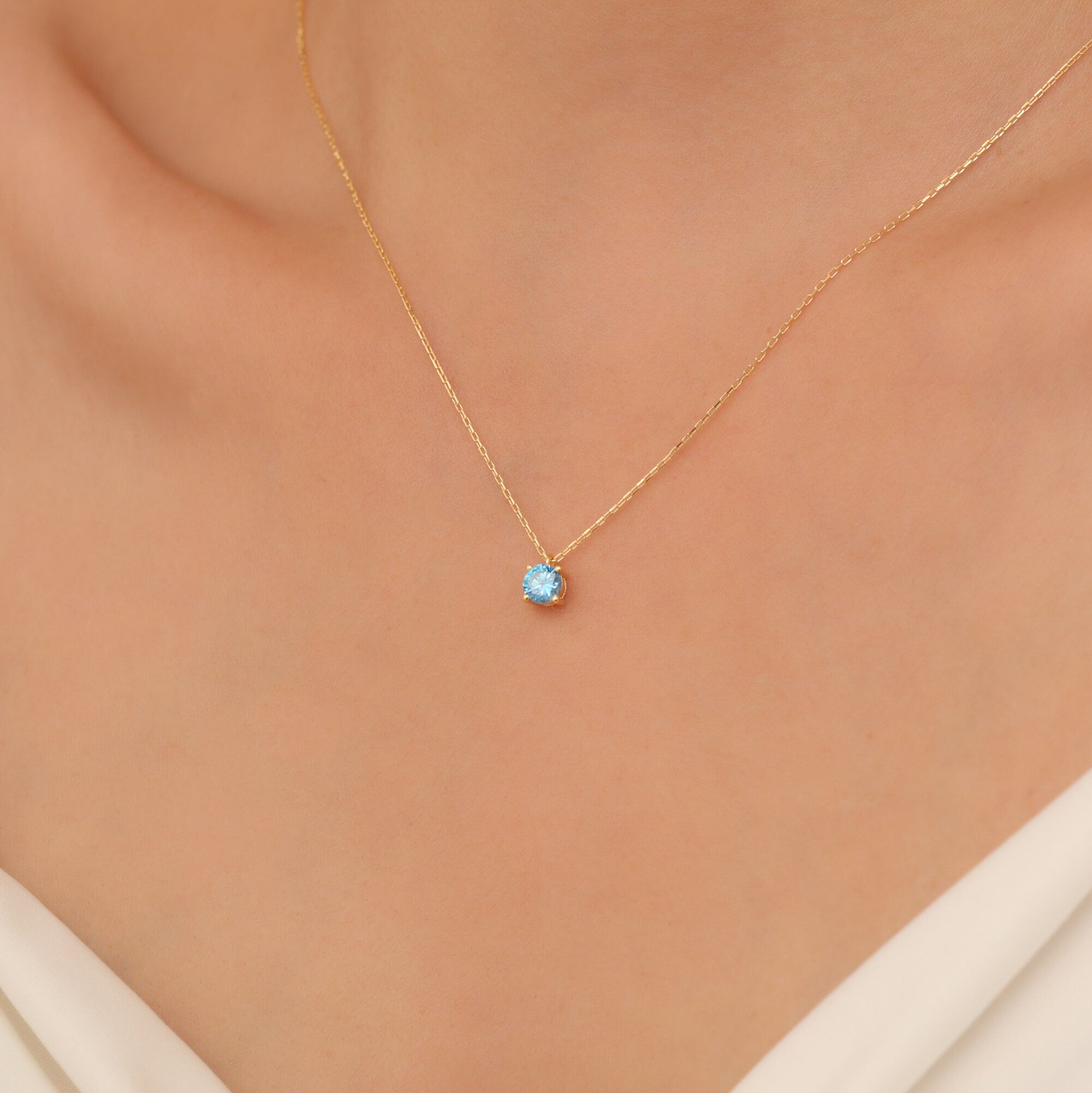 Round Blue Topaz Necklace 14K Solid Gold, Minimalist Birthstone Jewelry, Perfect Gift for Mother's Day - Girlfriend - Wife