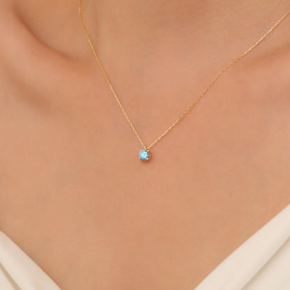 Round Blue Topaz Necklace 14K Solid Gold, Minimalist Birthstone Jewelry, Perfect Gift for Mother's Day - Girlfriend - Wife