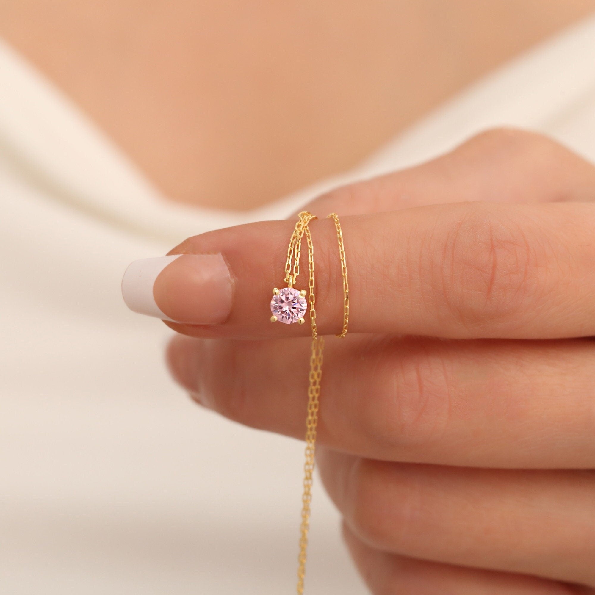 Round Pink Tourmaline 14K Solid Gold Necklace, Minimalist Birthstone Jewelry, Perfect Gift for Mother's Day - Girlfriend - Wife