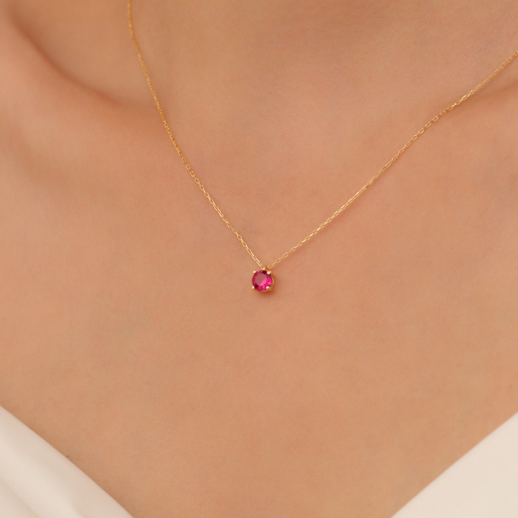 Round Ruby Necklace 14K Solid Gold, Minimalist Birthstone Stylish Design Necklace, Perfect Gift for Mother's Day - Girlfriend - Wife