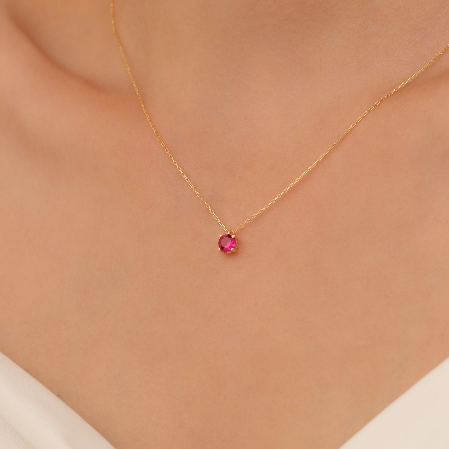 Round Ruby Necklace 14K Solid Gold, Minimalist Birthstone Stylish Design Necklace, Perfect Gift for Mother's Day - Girlfriend - Wife