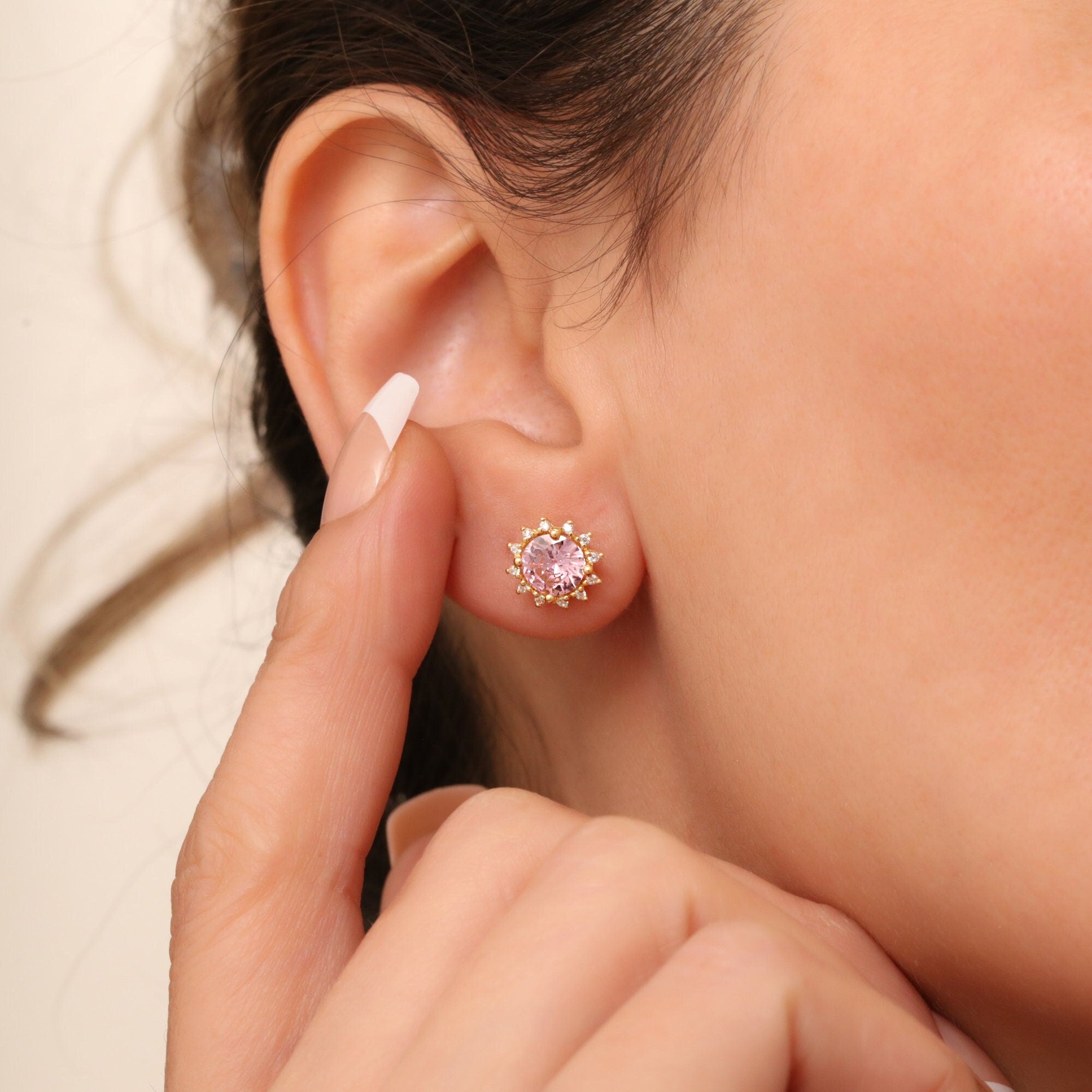 Real Diamond & Pink Tourmaline Earrings - 14K Solid Gold, October Birthstone, Perfect Gift for Mother's Day - Girlfriend - Wife