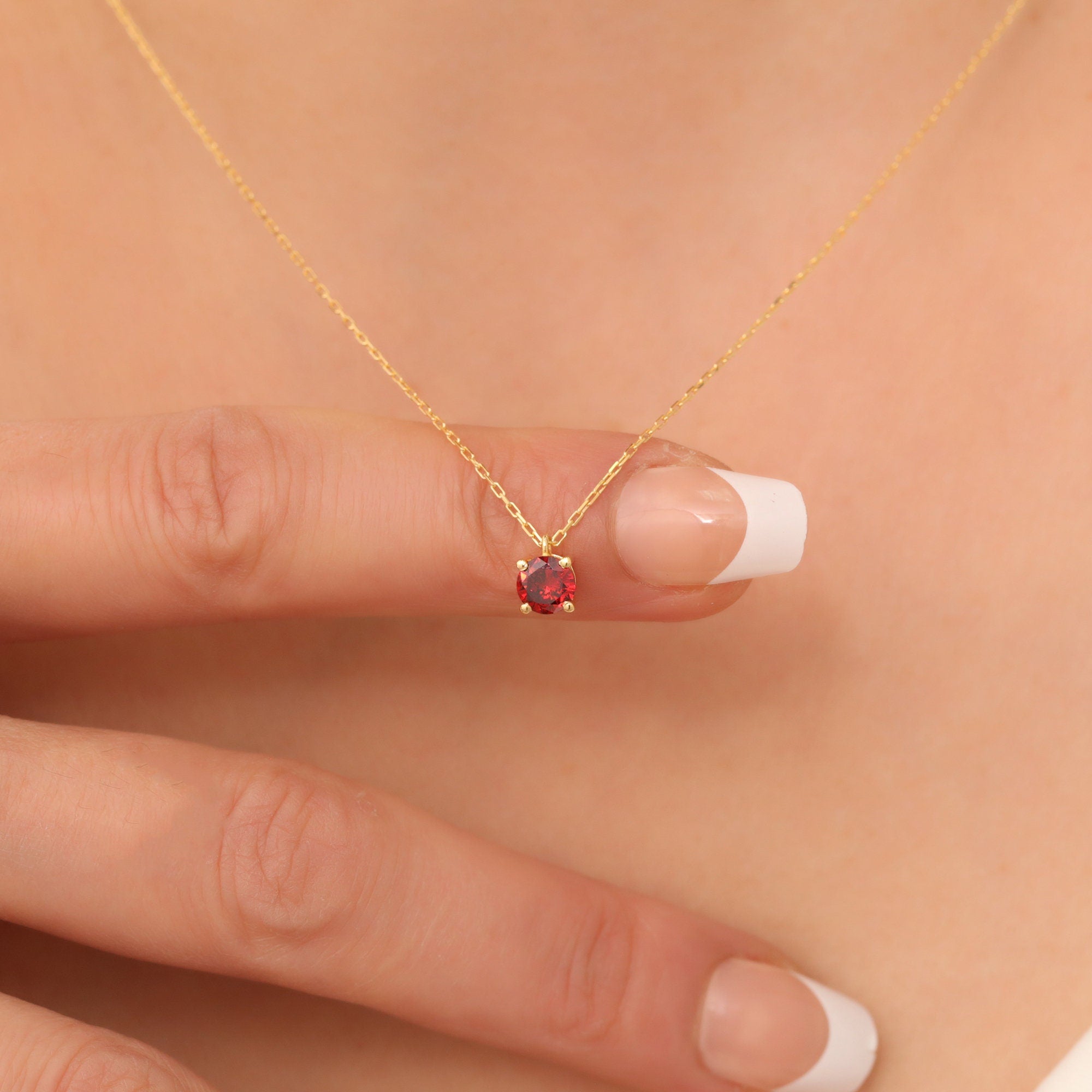 Round Garnet Necklace 14K Solid Gold, Minimalist Birthstone Jewelry, Garnet Stylish Design Necklace, Perfect Gift for Mother's Day - Wife