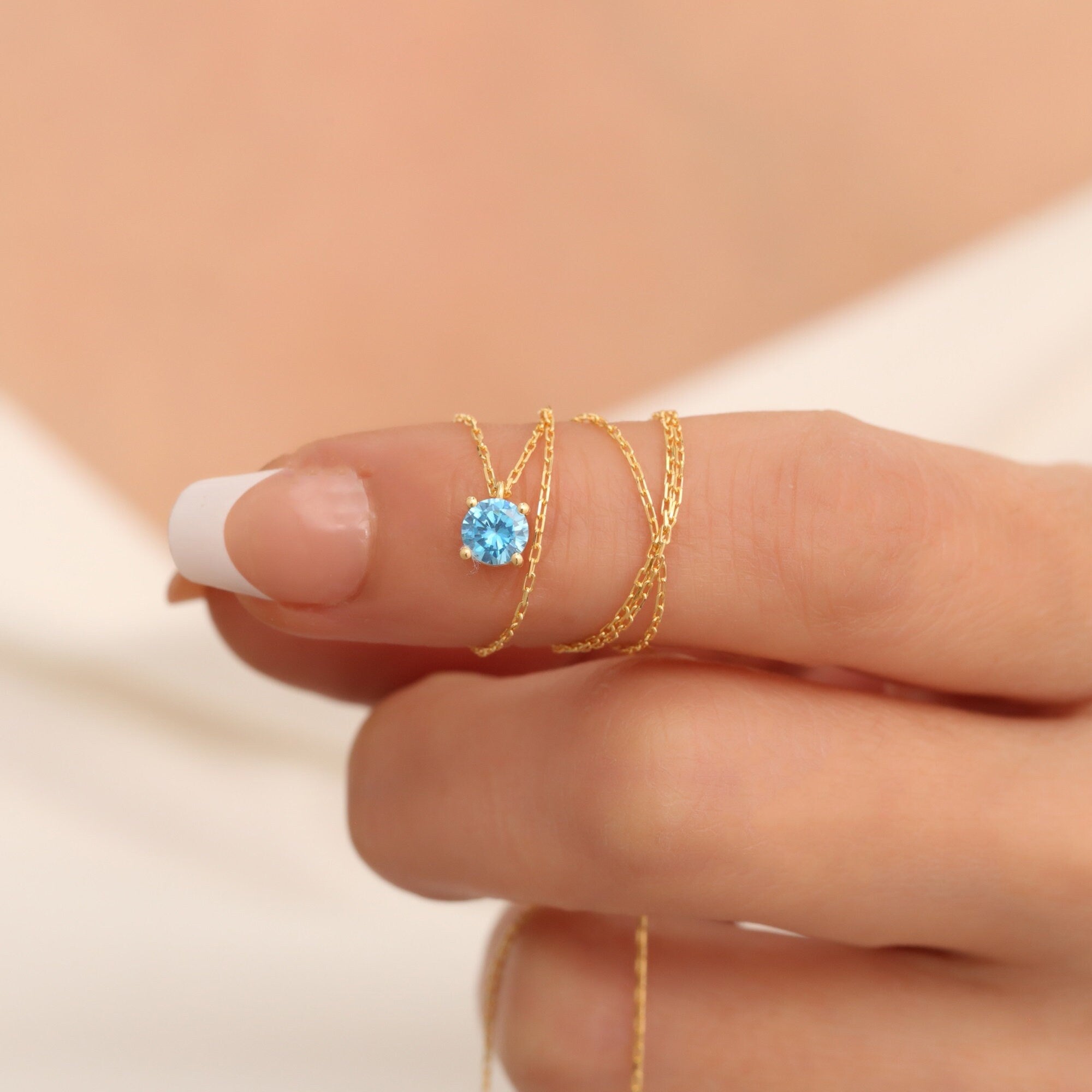 Round Blue Topaz Necklace 14K Solid Gold, Minimalist Birthstone Jewelry, Perfect Gift for Mother's Day - Girlfriend - Wife