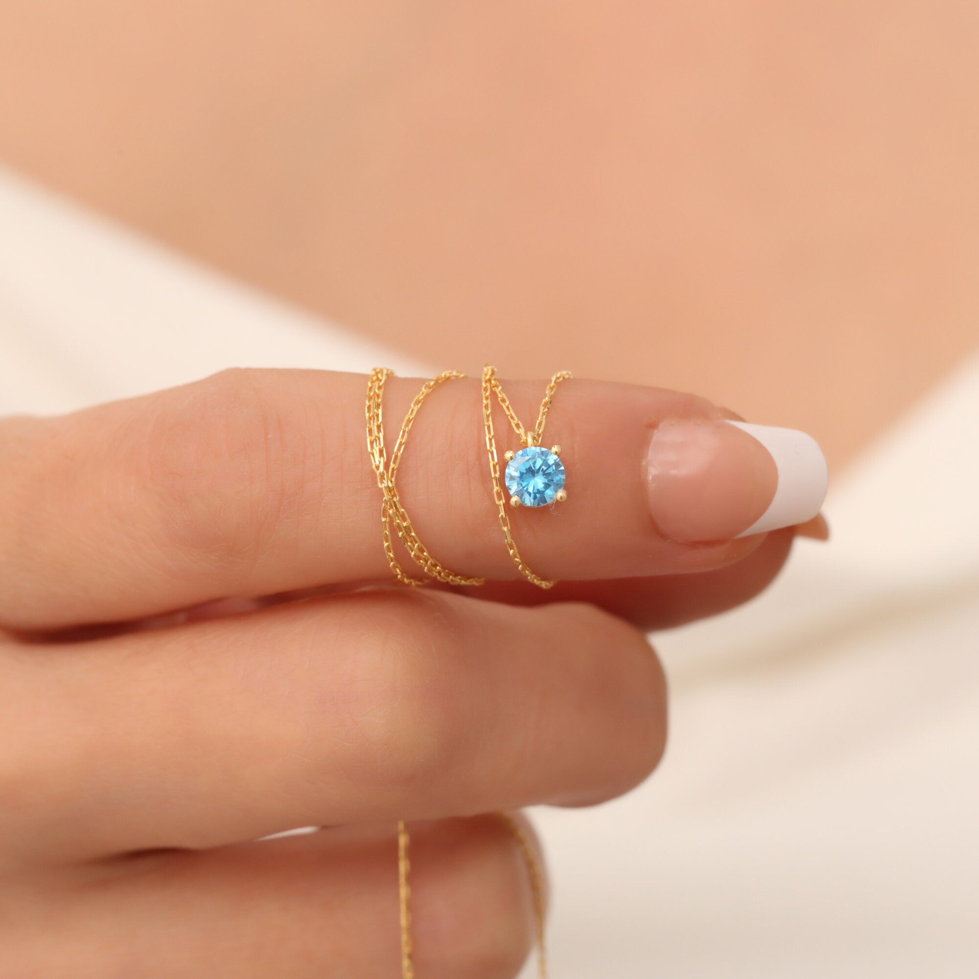 Round Blue Topaz Necklace 14K Solid Gold, Minimalist Birthstone Jewelry, Perfect Gift for Mother's Day - Girlfriend - Wife