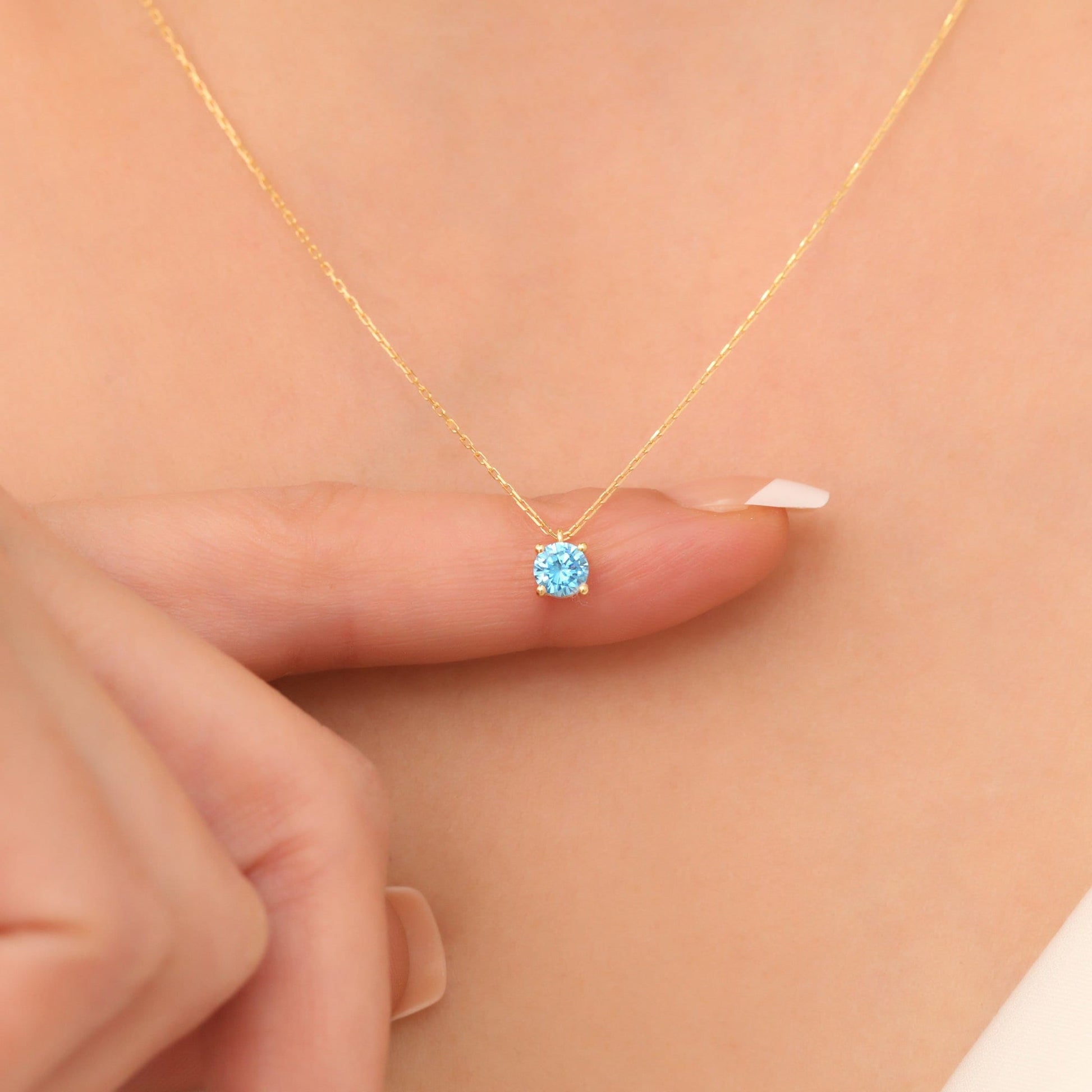 Round Blue Topaz Necklace 14K Solid Gold, Minimalist Birthstone Jewelry, Perfect Gift for Mother's Day - Girlfriend - Wife