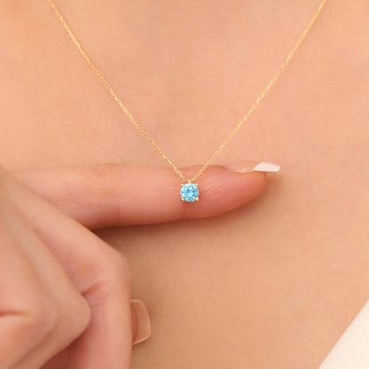 Round Blue Topaz Necklace 14K Solid Gold, Minimalist Birthstone Jewelry, Perfect Gift for Mother's Day - Girlfriend - Wife