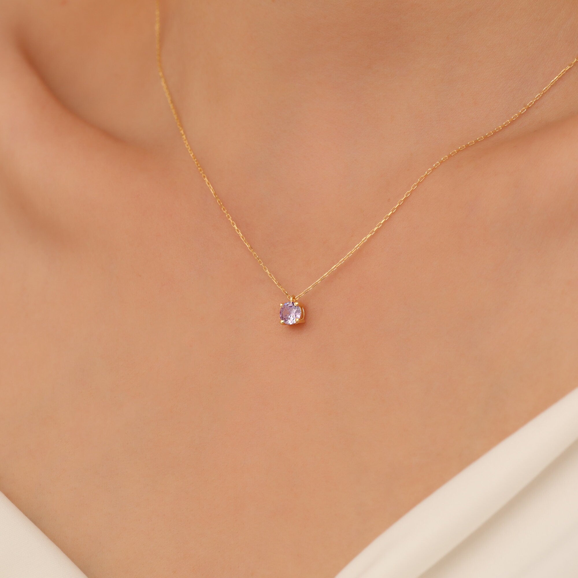 Round Alexandrite Necklace 14K Solid Gold, Minimalist Birthstone Jewelry, Perfect Gift for Mother's Day - Girlfriend - Wife
