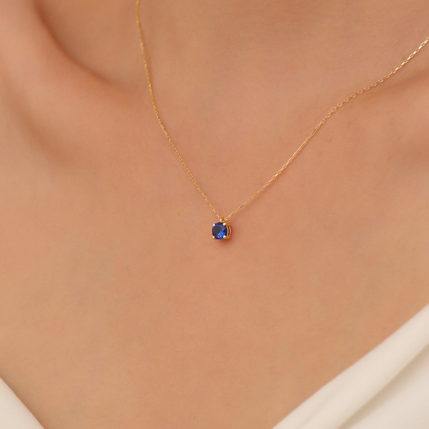 14K Solid Gold Sapphire Necklace - Minimalist Sky Blue Birthstone Jewelry, Elegant Mother's Day Gift for Her