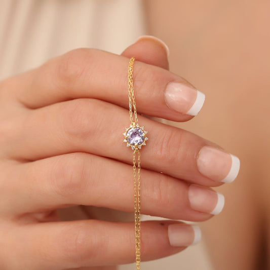 Real Diamond Round Alexandrite Bracelet, 14K Solid Gold, June Birthstone, Perfect Gift for Mother's Day - Girlfriend - Wife