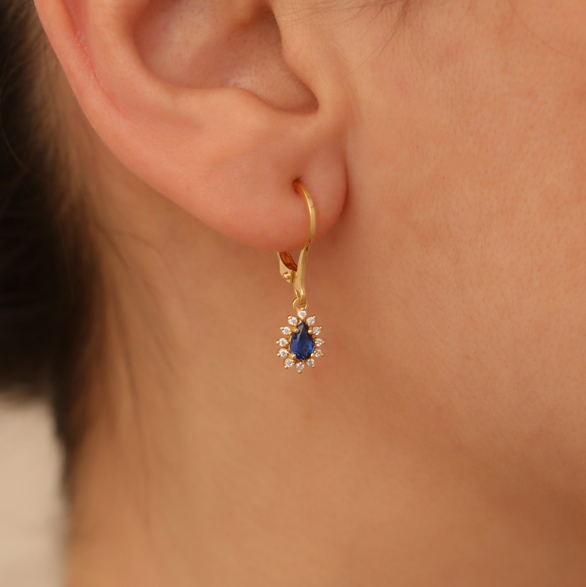 Natural Diamond & Sapphire Earrings, 14K Solid Gold Teardrop Dangle, September Birthstone, Perfect Mother's Day Gift for Her