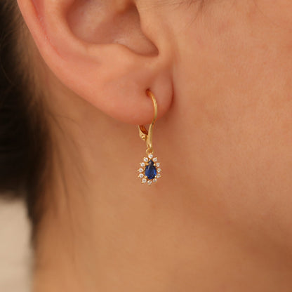 Natural Diamond & Sapphire Earrings, 14K Solid Gold Teardrop Dangle, September Birthstone, Perfect Mother's Day Gift for Her