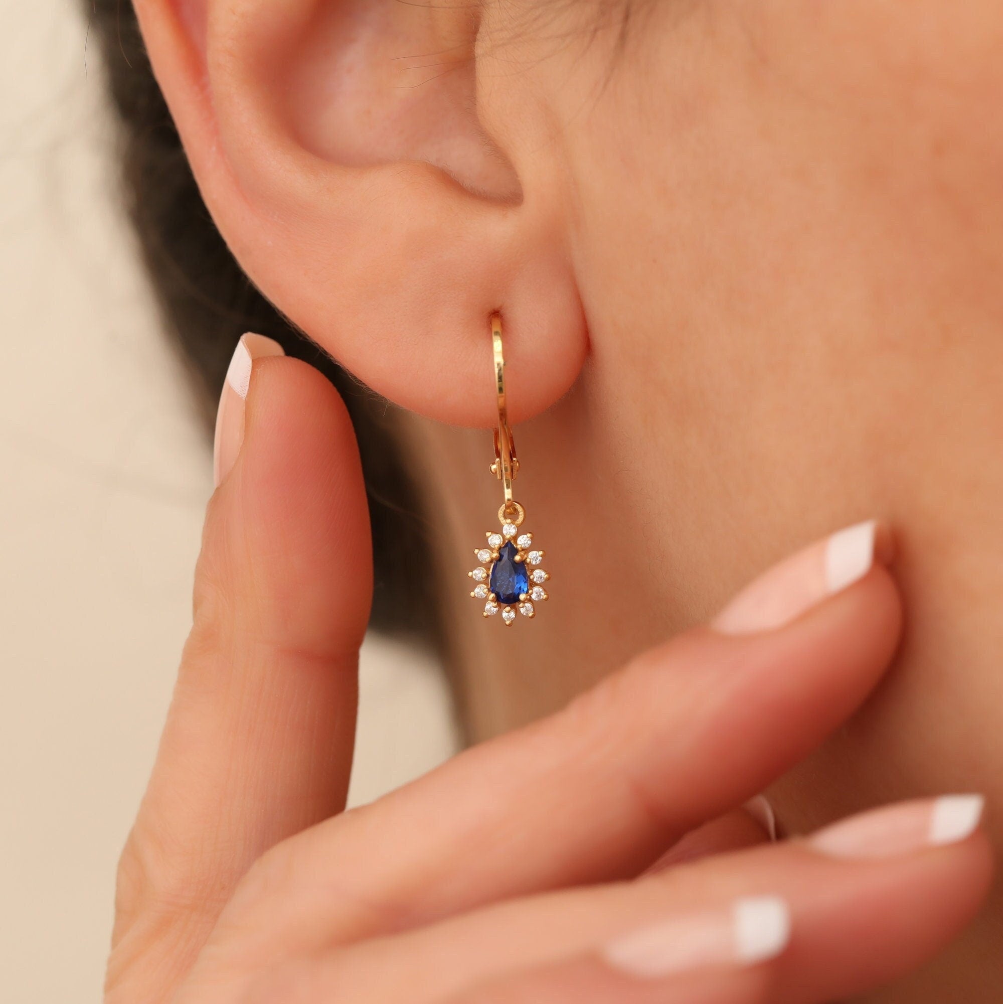 Natural Diamond & Sapphire Earrings, 14K Solid Gold Teardrop Dangle, September Birthstone, Perfect Mother's Day Gift for Her