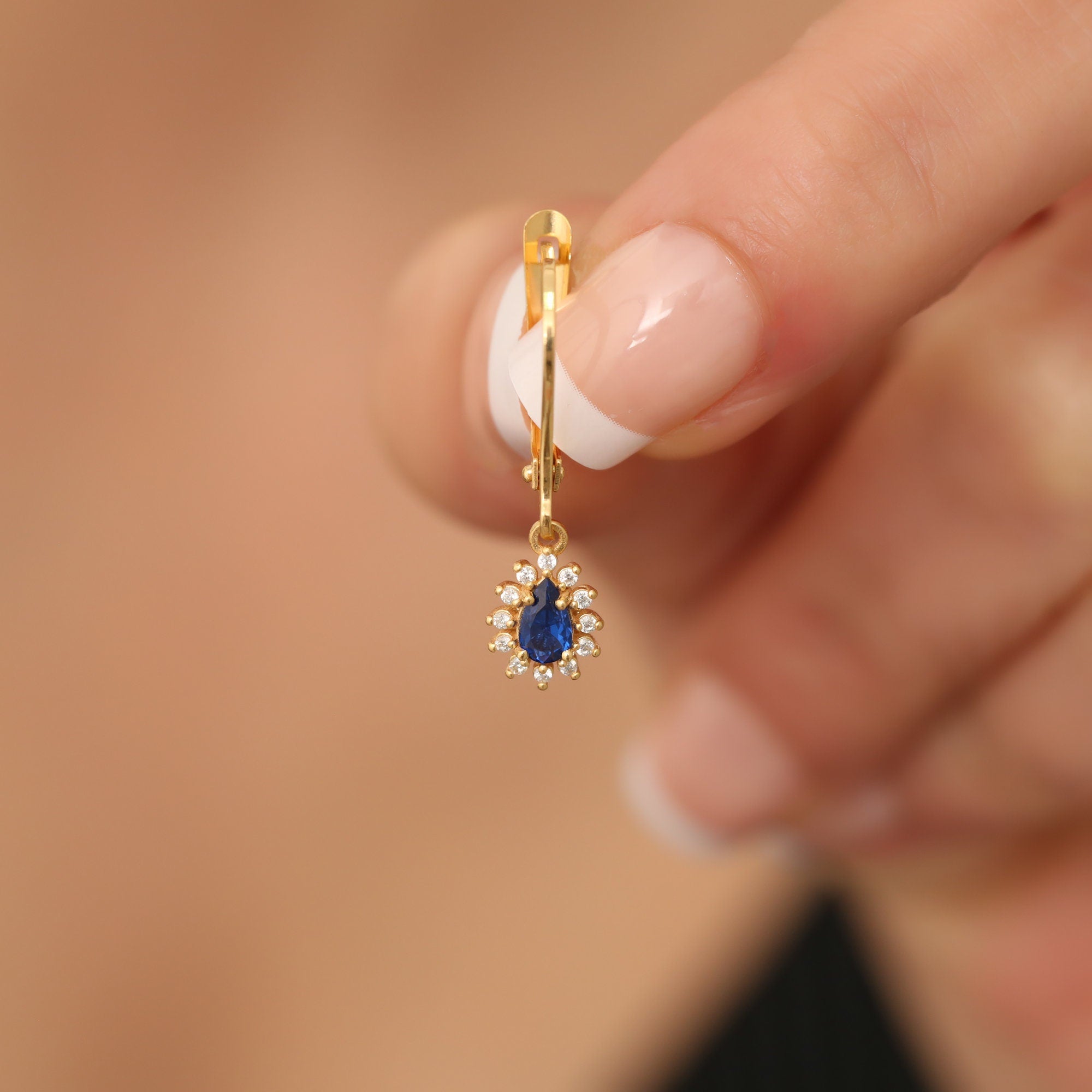 Natural Diamond & Sapphire Earrings, 14K Solid Gold Teardrop Dangle, September Birthstone, Perfect Mother's Day Gift for Her