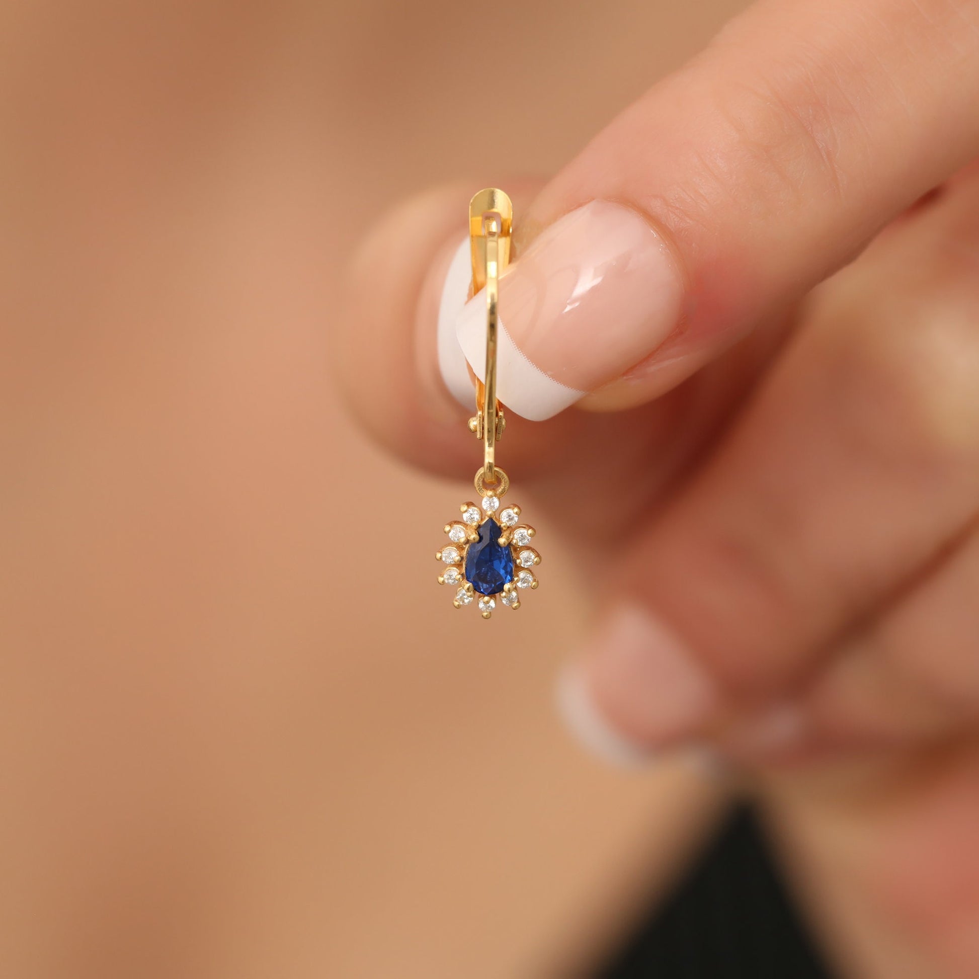 Natural Diamond & Sapphire Earrings, 14K Solid Gold Teardrop Dangle, September Birthstone, Perfect Mother's Day Gift for Her