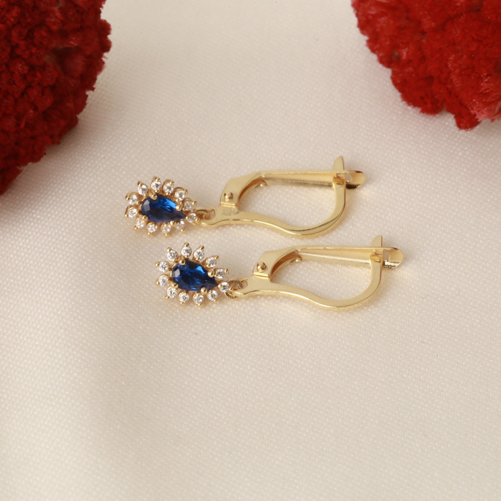 Natural Diamond & Sapphire Earrings, 14K Solid Gold Teardrop Dangle, September Birthstone, Perfect Mother's Day Gift for Her