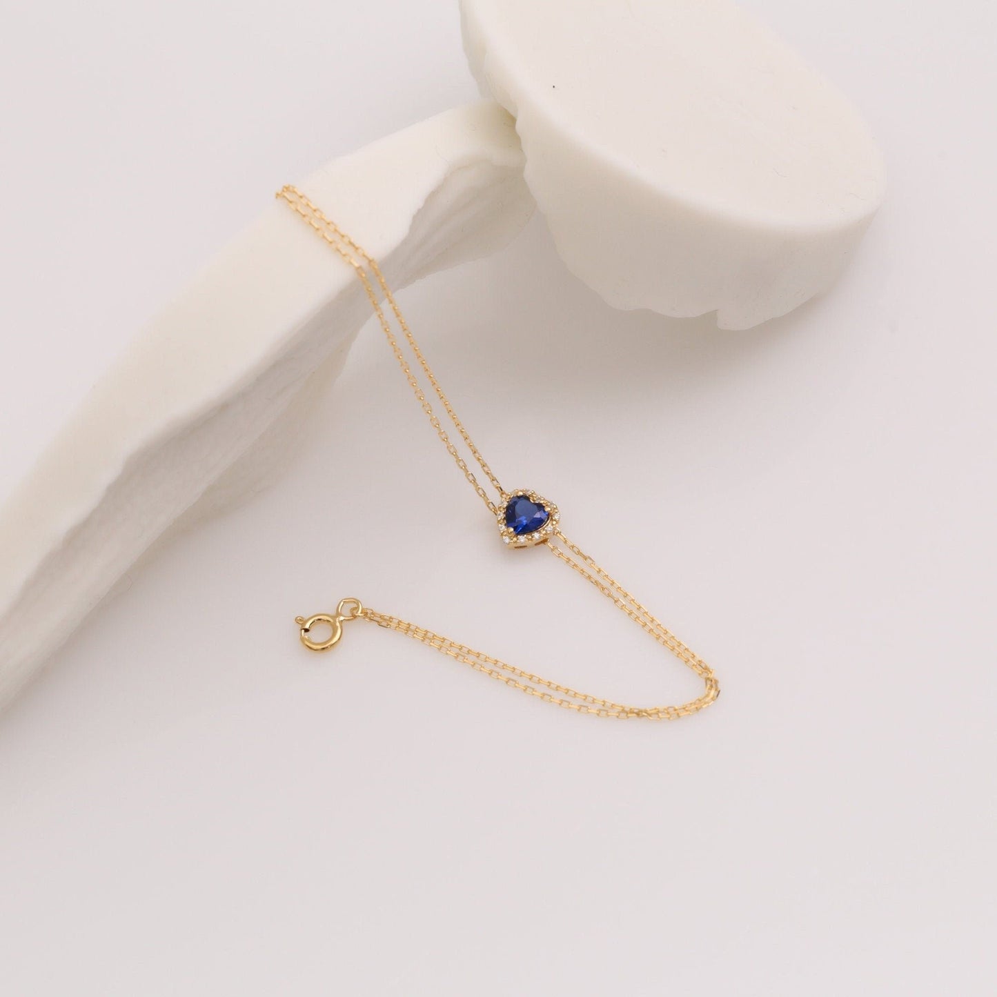 Heart Sapphire Bracelet 14K Solid Gold Real Diamond, Sapphire Birthstone September Jewelry,Perfect Birthday,Anniversary or Mother's Day Gift