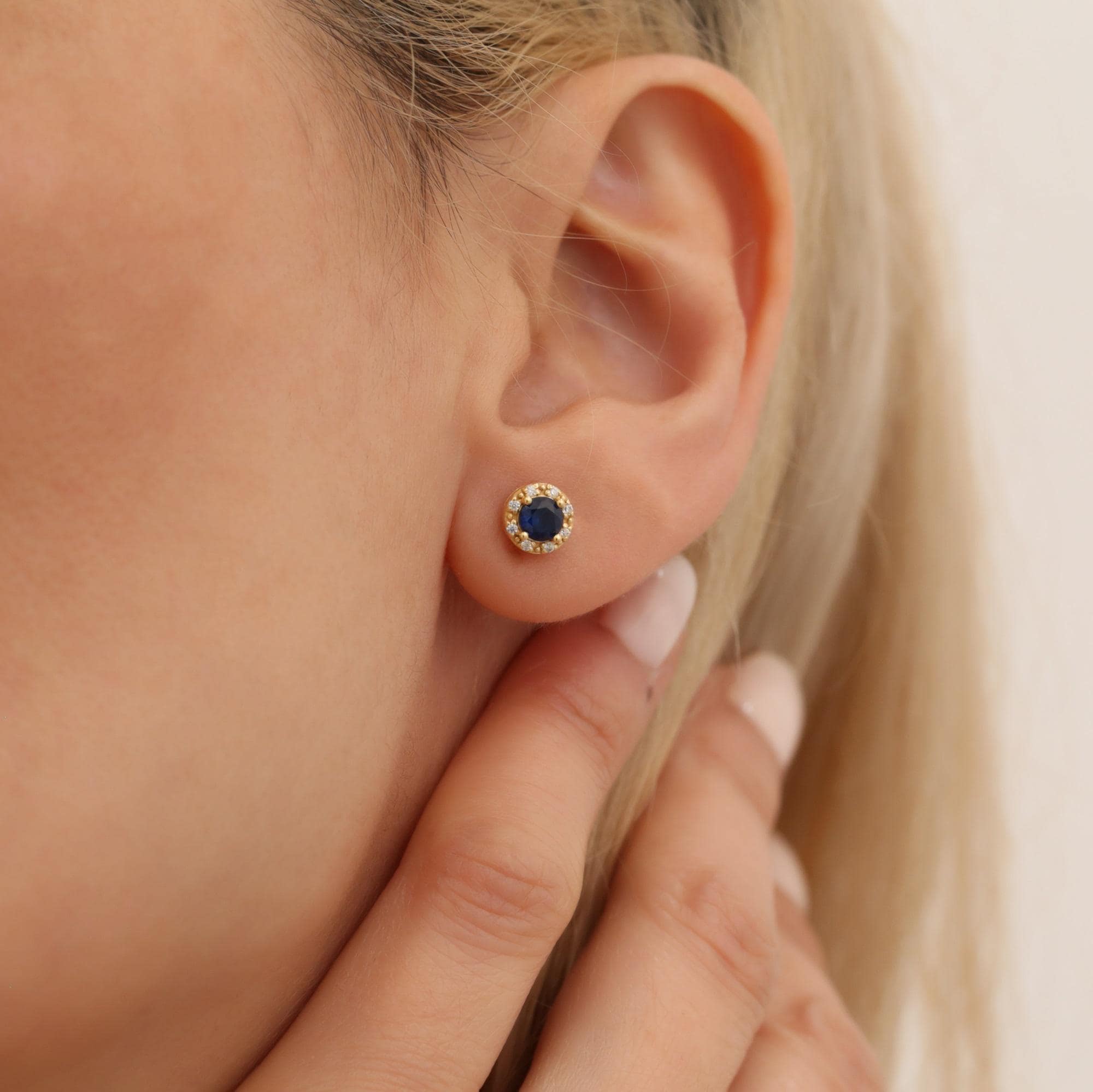 Round Sapphire Stud Earrings 14K Solid Gold Real Diamond, Birthstone Jewelry September,Perfect Anniversary or Christmas or Mother's Day Gift