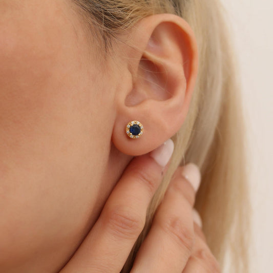 Round Sapphire Stud Earrings 14K Solid Gold Real Diamond, Birthstone Jewelry September,Perfect Anniversary or Christmas or Mother's Day Gift