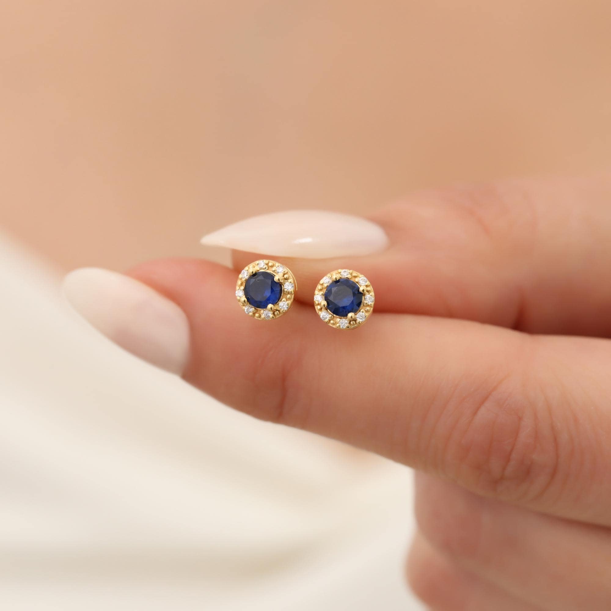 Round Sapphire Stud Earrings 14K Solid Gold Real Diamond, Birthstone Jewelry September,Perfect Anniversary or Christmas or Mother's Day Gift