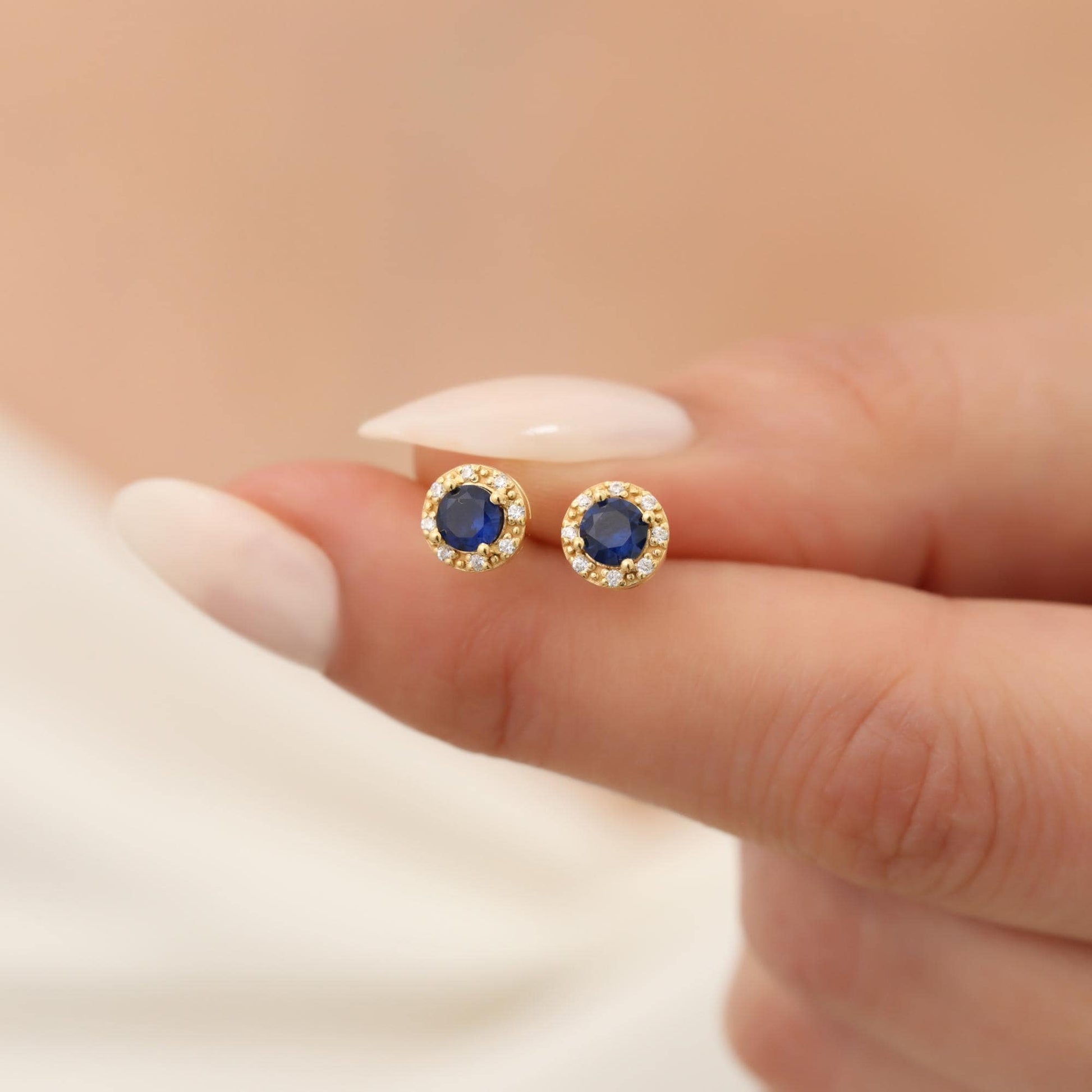 Round Sapphire Stud Earrings 14K Solid Gold Real Diamond, Birthstone Jewelry September,Perfect Anniversary or Christmas or Mother's Day Gift