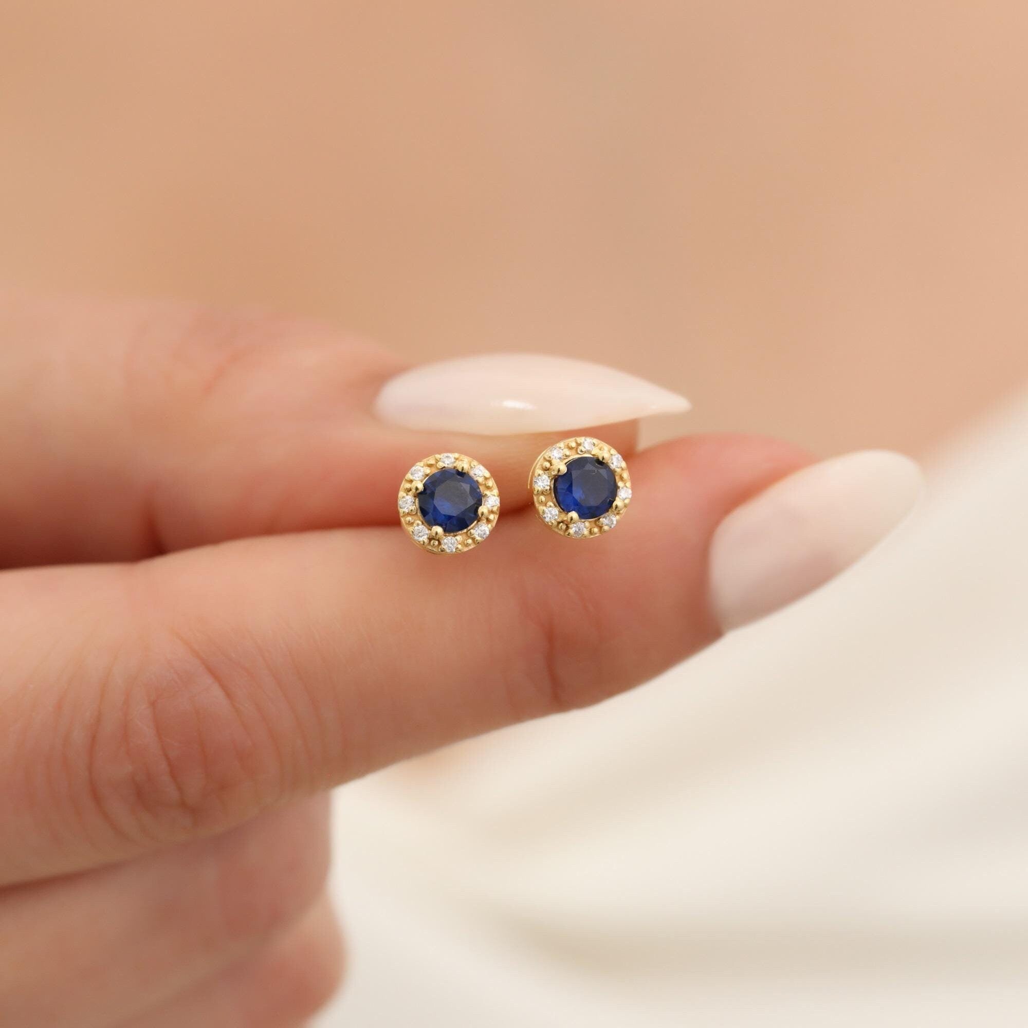 Round Sapphire Stud Earrings 14K Solid Gold Real Diamond, Birthstone Jewelry September,Perfect Anniversary or Christmas or Mother's Day Gift