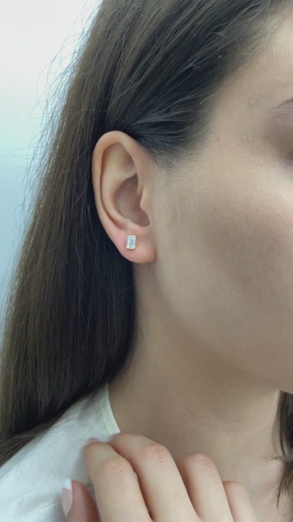 White Topaz Rectangle Stud Earring in 10K/14K Solid Gold, April Birthstone