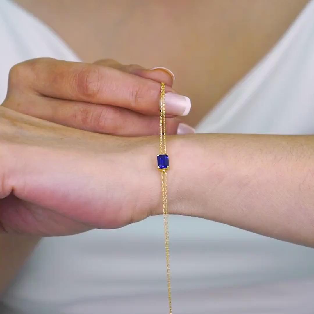 Rectangular Sapphire Bracelet 14K Solid Gold, Dainty Baguette, September Birthstone, Perfect Gift for Mother's Day - Girlfriend - Wife