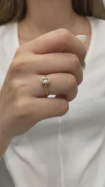 Aquamarine Rectangle Ring with Real Diamonds, 14K Solid Gold