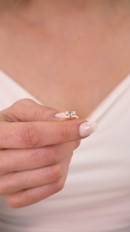 3 Stone Aquamarine Stud Earrings with Real Diamonds in 10K/14K Solid Gold, March Birthstone