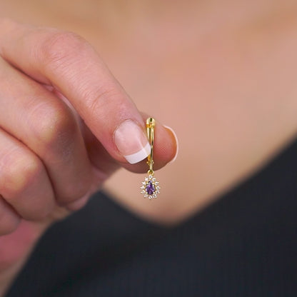 Teardrop Dangle Amethyst Earring Surrounded by Real Diamonds 8K/10K/14K Solid Gold, February Birthstone