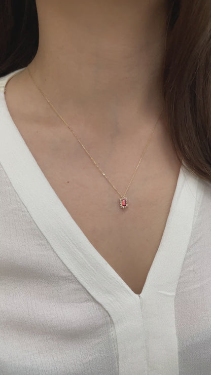 Rectangle Garnet Necklace with Real Diamond 14K Solid Gold, January Birthstone