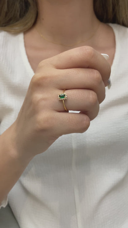 Emerald Rectangle Ring with Real Diamonds, 14K Solid Gold