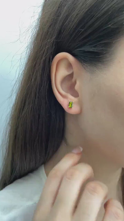 Rectangle Peridot Earring, 14K Solid Gold, August Birthstone Earrings, Perfect Gift for Mother's Day - Girlfriend - Wife