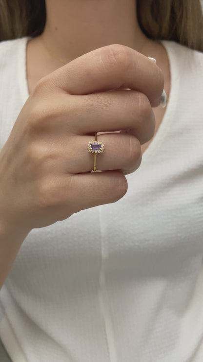 Amethyst Rectangle Ring with Real Diamonds, 14K Solid Gold