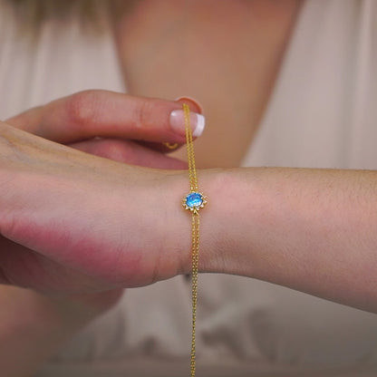 Round Blue Topaz Bracelet with Real Diamond, 8K/10K/14K Solid Gold, December Birthstone
