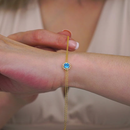 Round Aquamarine Bracelet with Real Diamond, 8K/10K/14K Solid Gold, March Birthstone