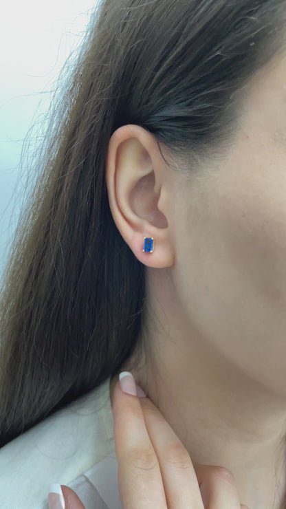 Sapphire Rectangle Stud Earring in 10K/14K Solid Gold, September Birthstone