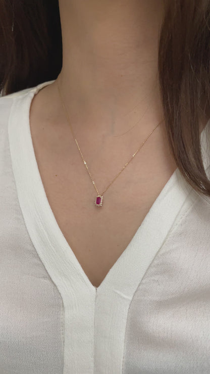 Rectangle Ruby Necklace with Real Diamond 14K Solid Gold, July Birthstone