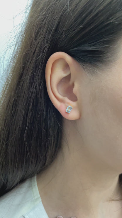 Aquamarine Rectangle Stud Earring in 10K/14K Solid Gold, March Birthstone