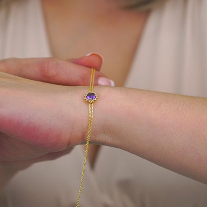 Round Amethyst Bracelet with Real Diamond, 8K/10K/14K Solid Gold, February Birthstone