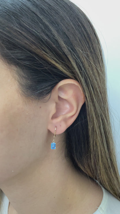 Dangle Rectangle Blue Topaz Earring 8K/10K/14K Solid Gold, December Birthstone
