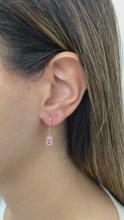 Dangle Rectangle Pink Tourmaline Earring 8K/10K/14K Solid Gold, October Birthstone