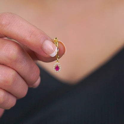 Teardrop Dangle Ruby Earring Surrounded by Real Diamonds 8K/10K/14K Solid Gold, July Birthstone