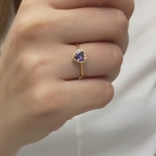 Real Diamond Heart Amethyst Ring 14K Solid Gold, Birthstone, Perfect Gift for Mother's Day - Girlfriend - Wife
