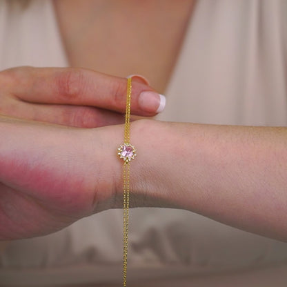 Round Pink Tourmaline Bracelet with Real Diamond, 8K/10K/14K Solid Gold, October Birthstone